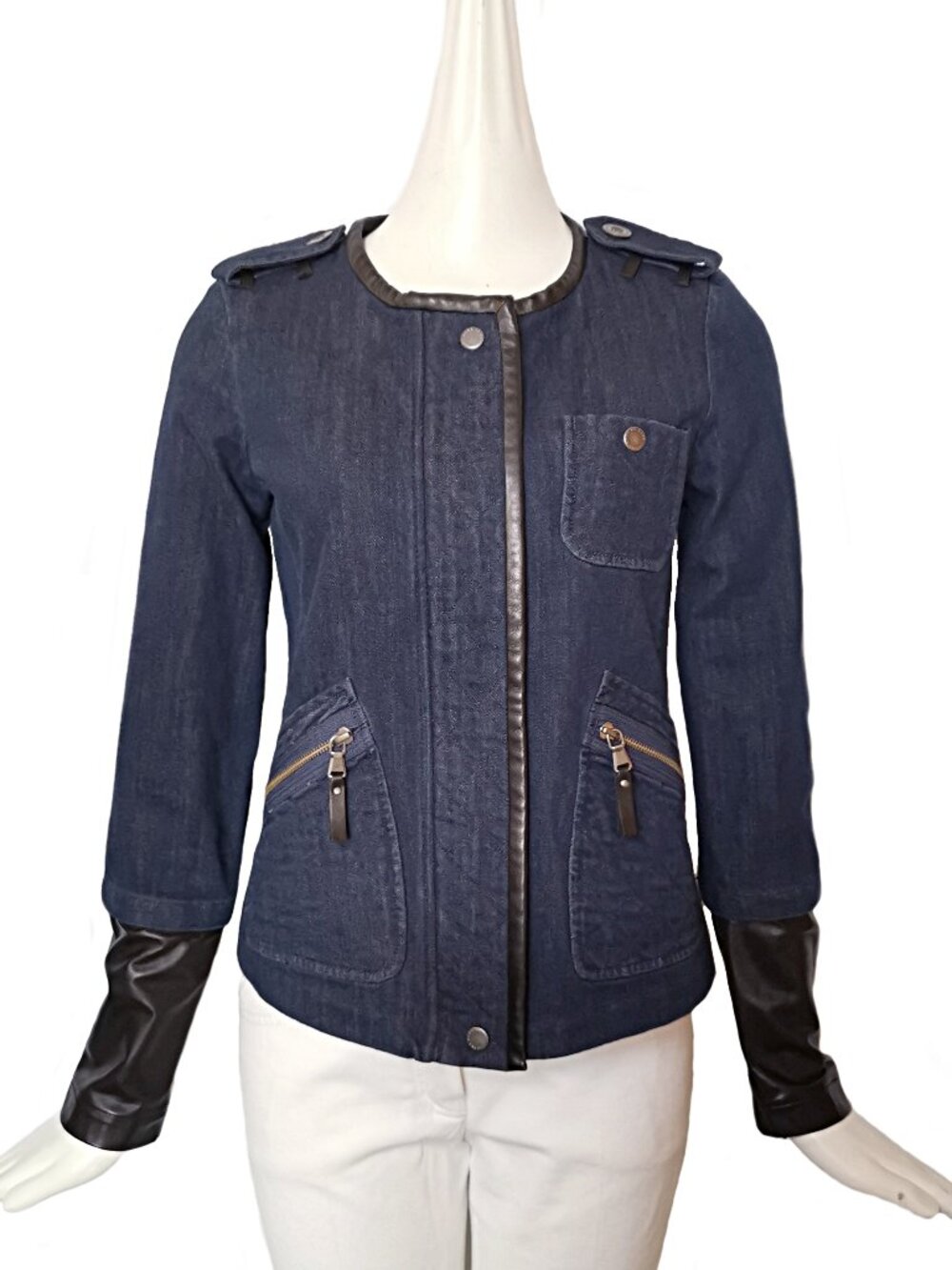 MARC BY MARC JACOBS BLUE LEATHER TRIMMED KRISTINE DENIM JACKET (4)